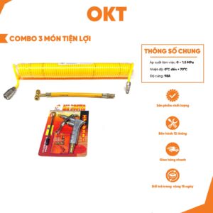 Combo 3 Tiện Lợi Gồm: Dây Hơi Xoắn OK JAPAN + Xì Khô 3 Đầu Đồng + Dây Bơm Lốp 2 Đầu