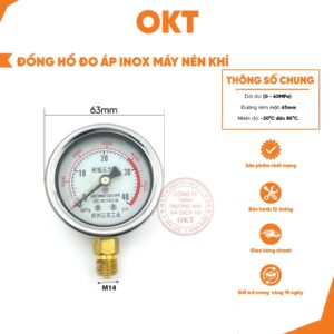 Đồng hồ đo áp máy nén khí inox 250kg, 400kg, 600kg. Chân ren 14mm