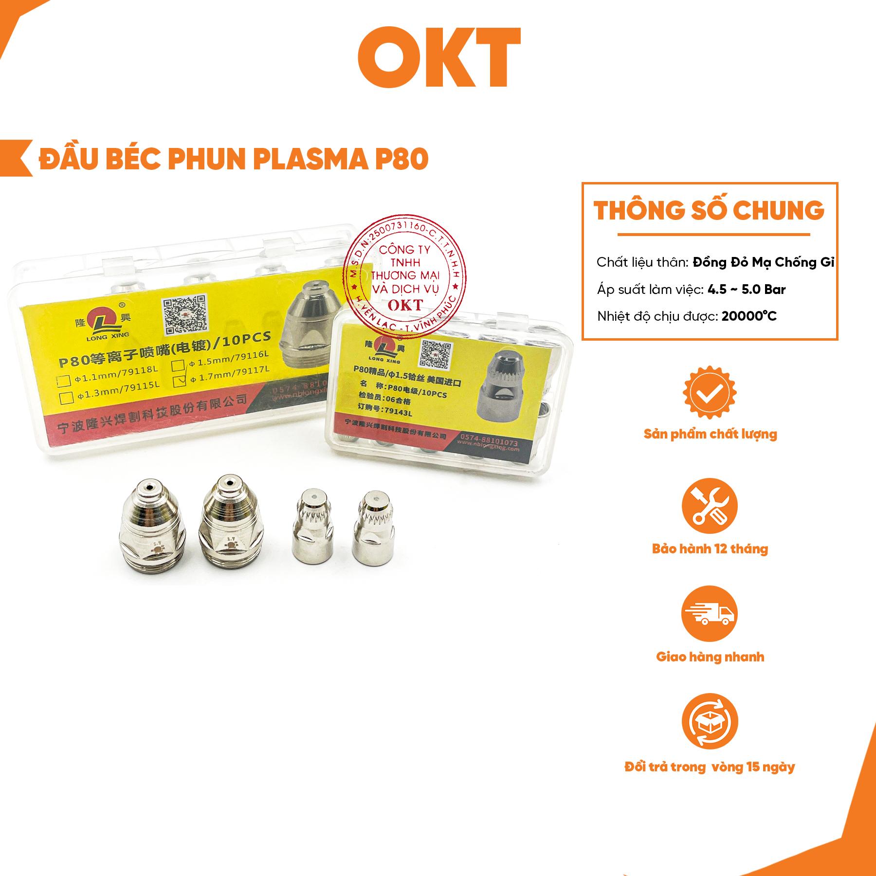 Bộ (2 Đầu) Béc Phun Plasma P80 Ø1.7mm x Ø1.5mm – Béc Cắt Plasma P80 – Vật Tư OKT